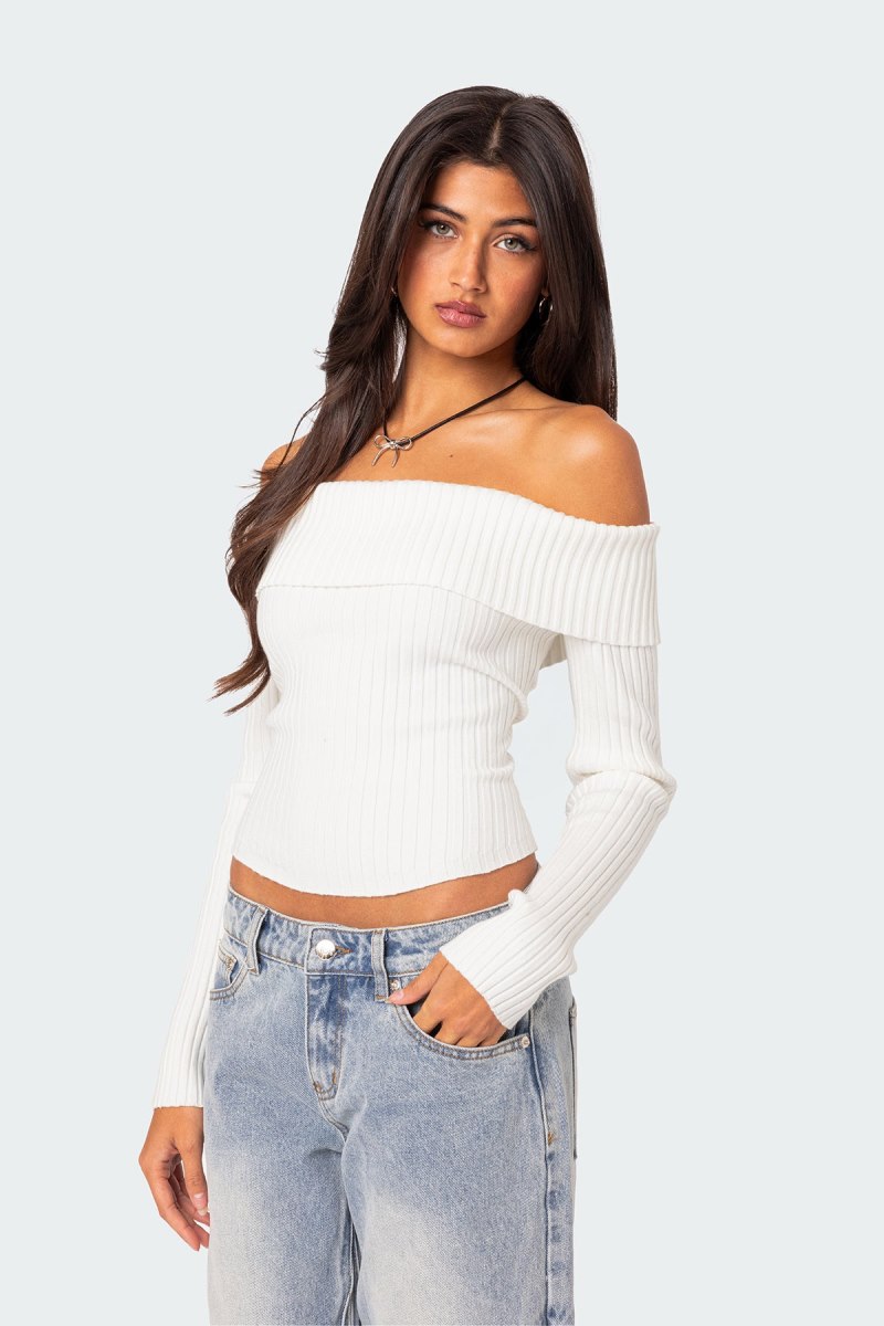 Edikted Lauren Knit Fold Over Long Sleeve Tops White | USA BD287418G5