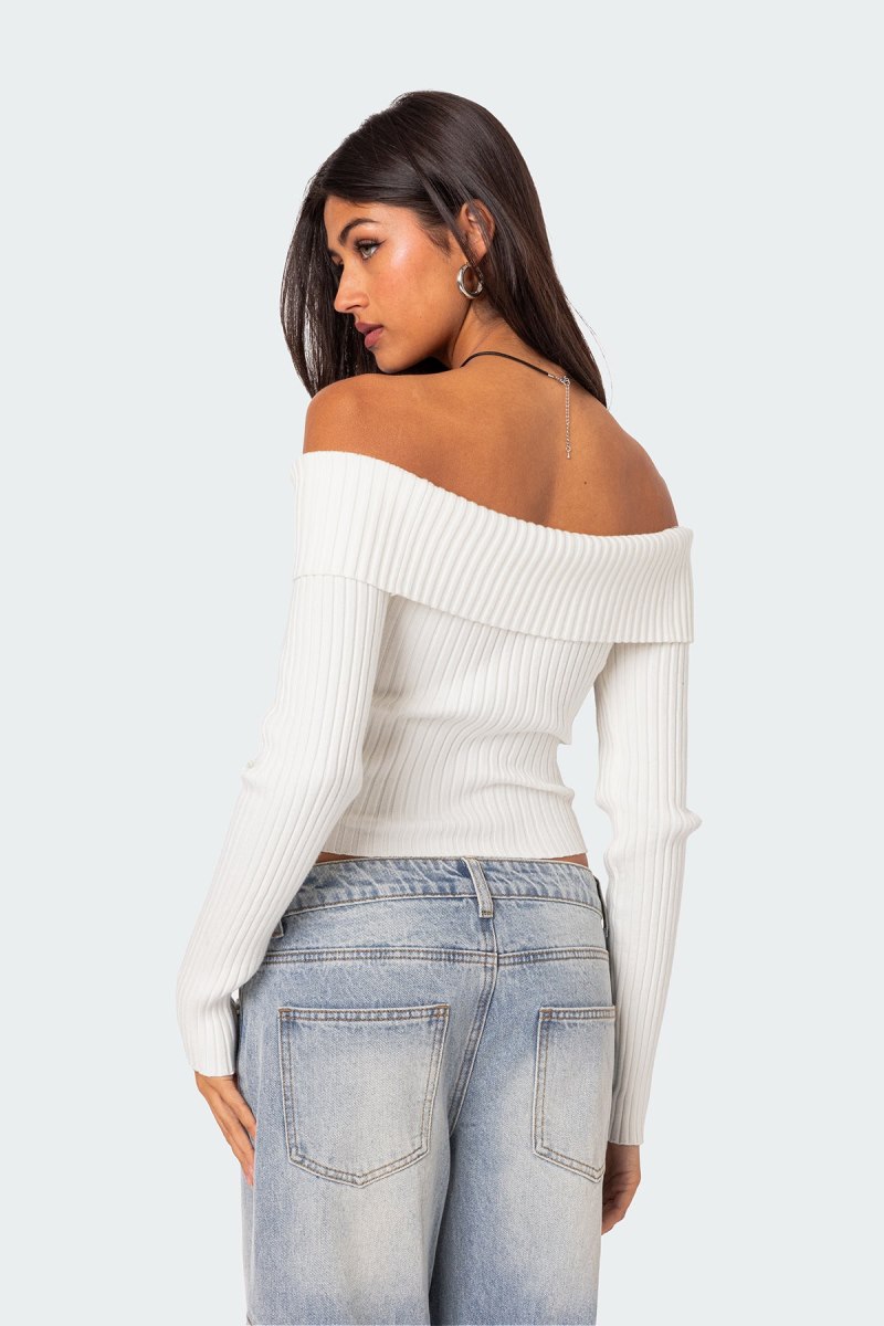 Edikted Lauren Knit Fold Over Long Sleeve Tops White | USA BD287418G5