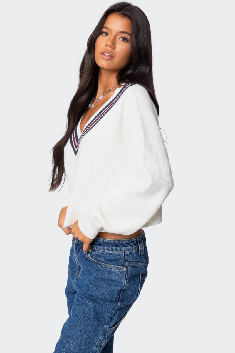 Edikted Lauryl V Neck Sweater Long Sleeve Tops White | USA GT814881H3