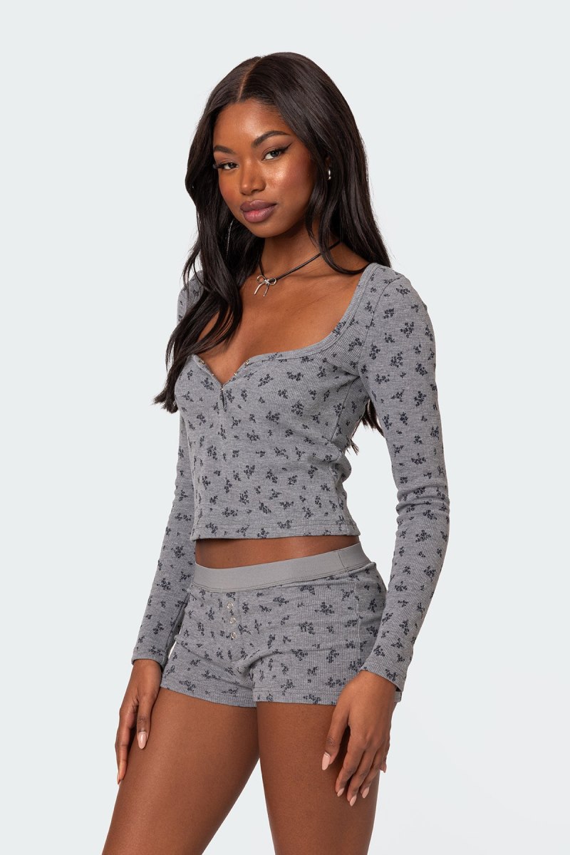Edikted Lavender Waffle Long Sleeve Tops Gray Melange | USA KF240084X6