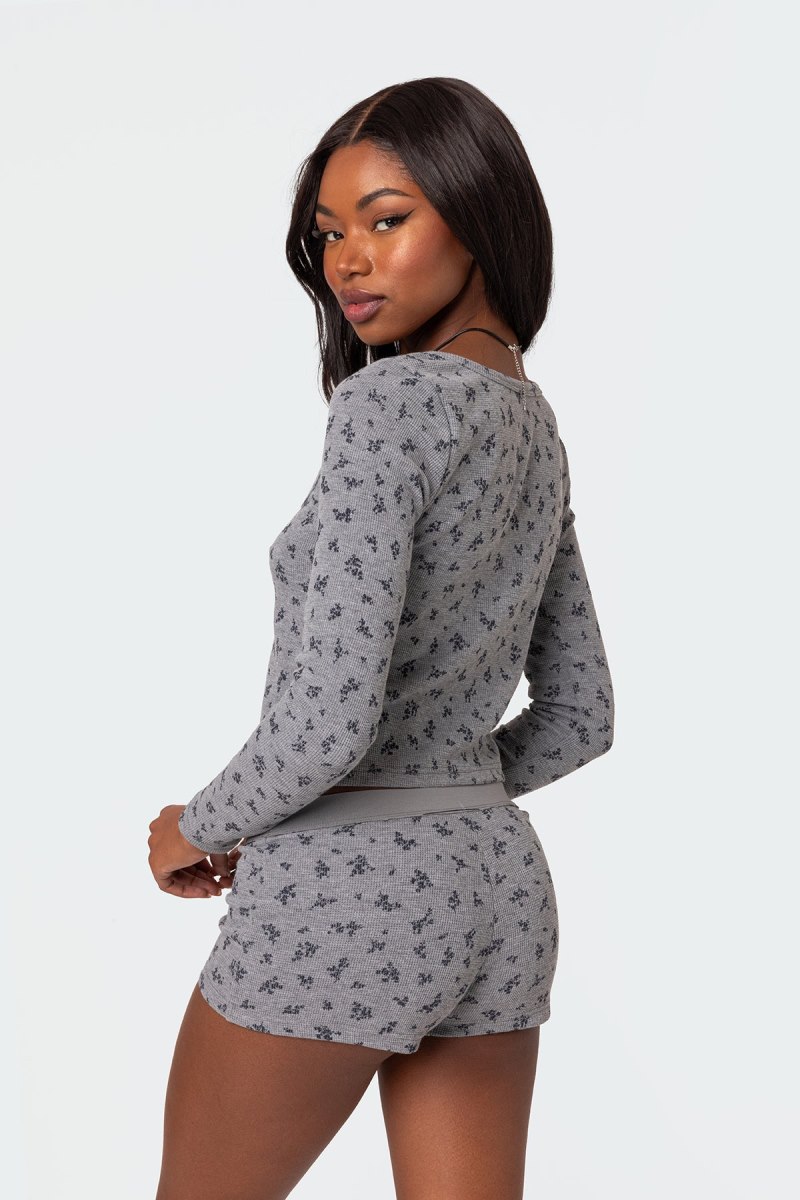 Edikted Lavender Waffle Long Sleeve Tops Gray Melange | USA KF240084X6