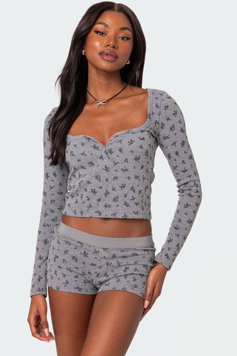 Edikted Lavender Waffle Long Sleeve Tops Gray Melange | USA KF240084X6