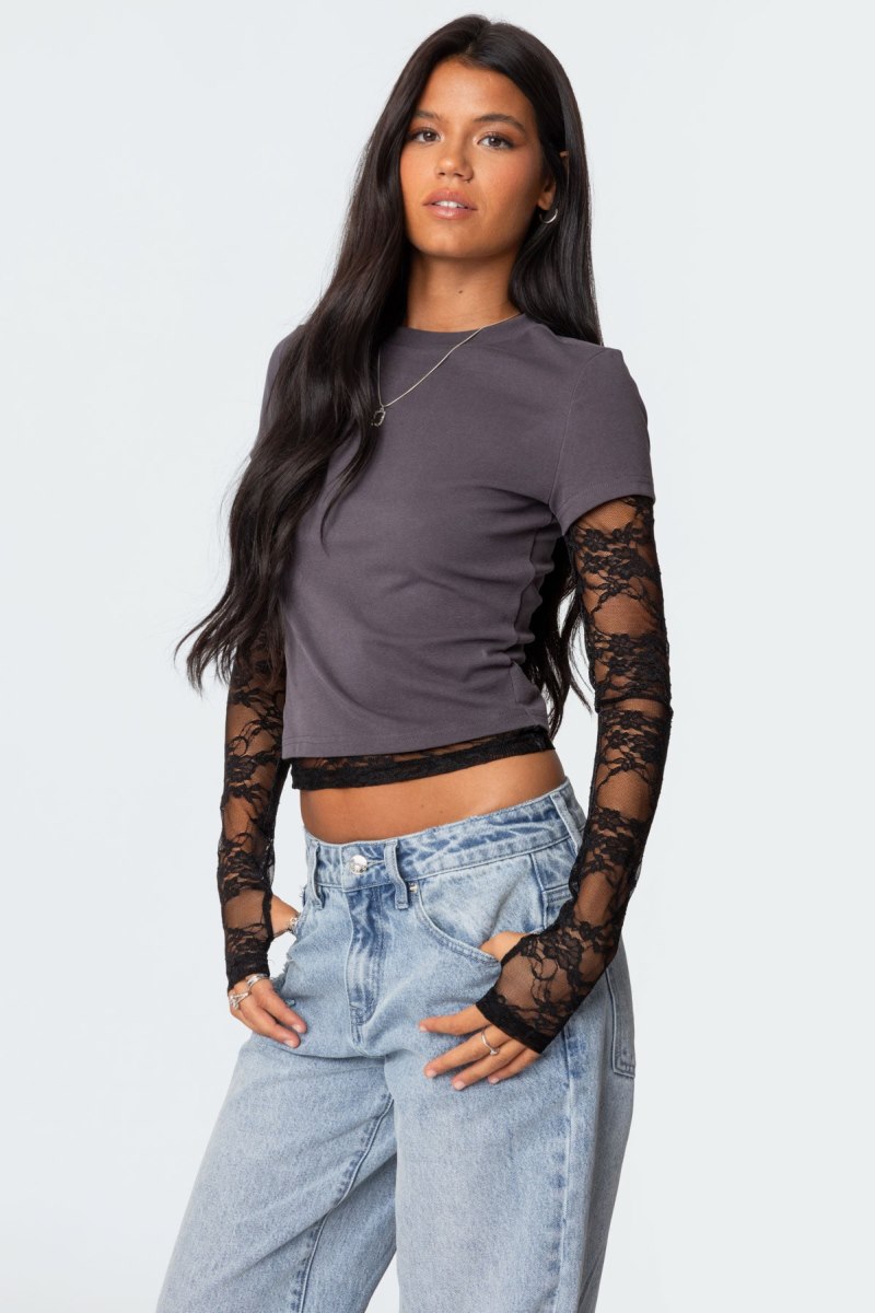 Edikted Layered Lace Sleeve T Shirts Burgundy | USA DR681908Z4