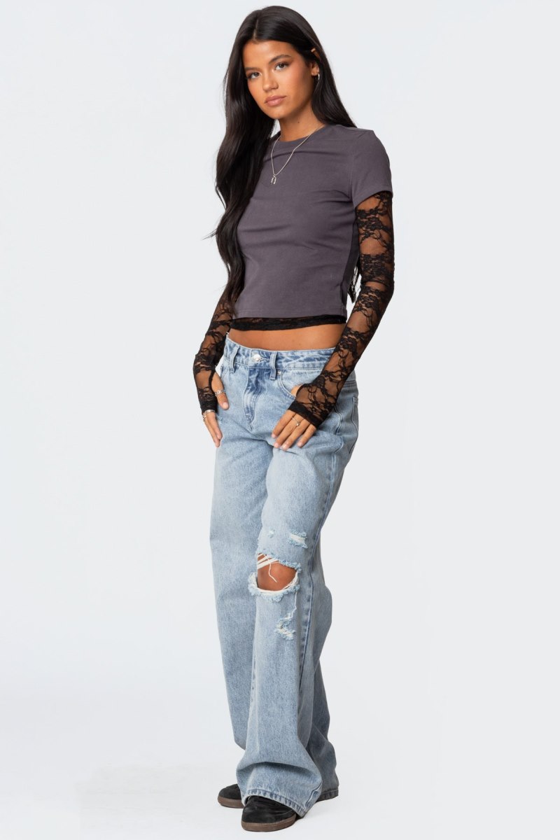 Edikted Layered Lace Sleeve T Shirts Burgundy | USA DR681908Z4