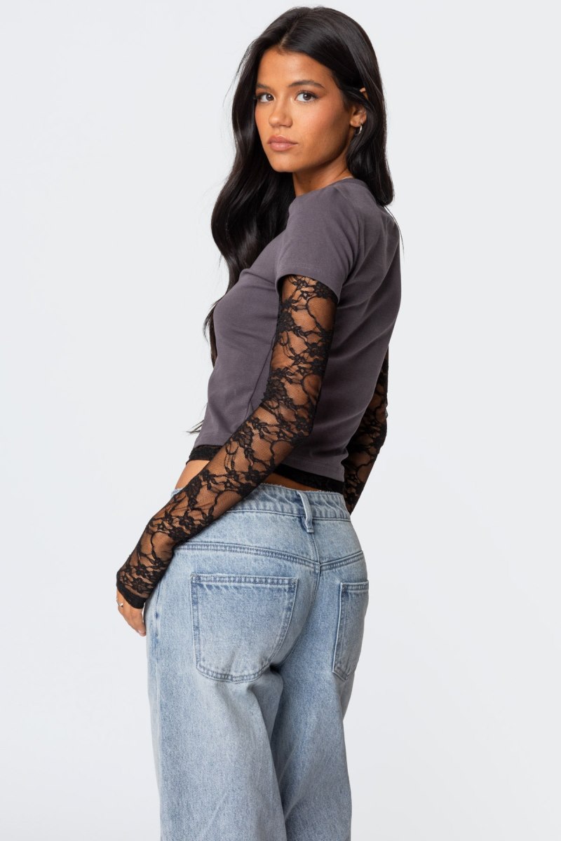 Edikted Layered Lace Sleeve T Shirts Burgundy | USA DR681908Z4