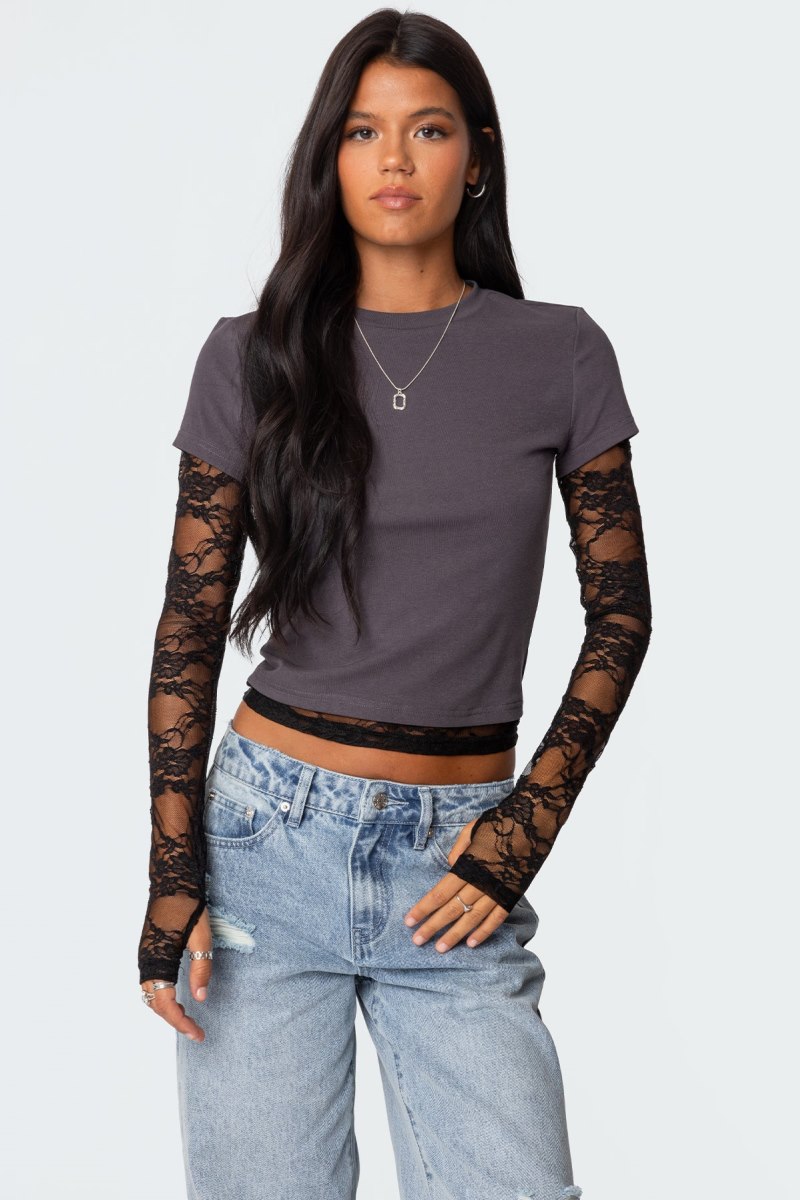 Edikted Layered Lace Sleeve T Shirts Burgundy | USA DR681908Z4