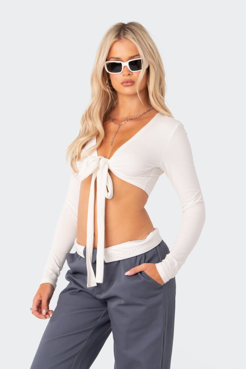 Edikted Layla Wrap Crop Long Sleeve Tops Black | USA SX071427U7