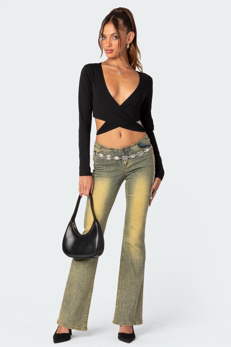 Edikted Layla Wrap Crop Tops Black | USA YK042914H3