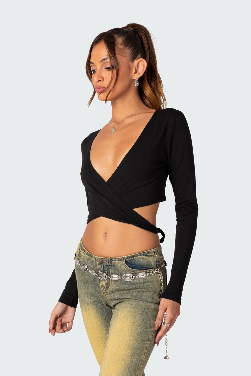 Edikted Layla Wrap Crop Tops Black | USA YK042914H3