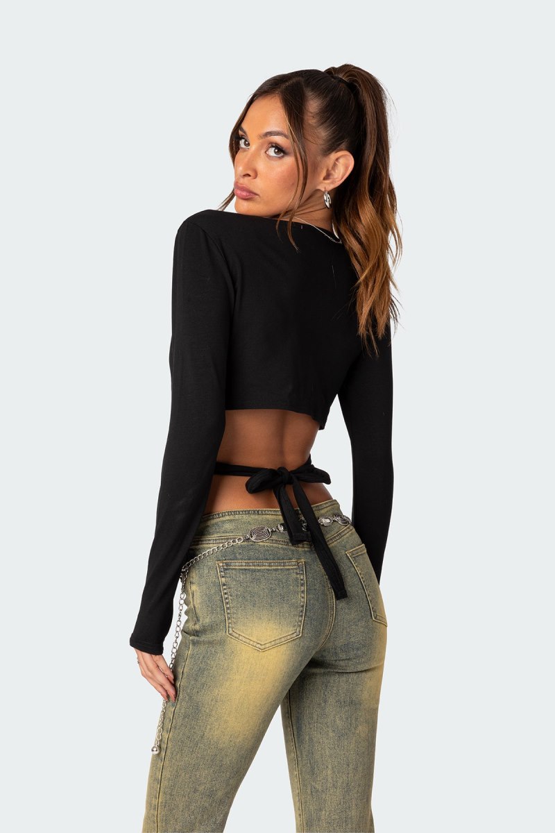Edikted Layla Wrap Crop Tops Black | USA YK042914H3