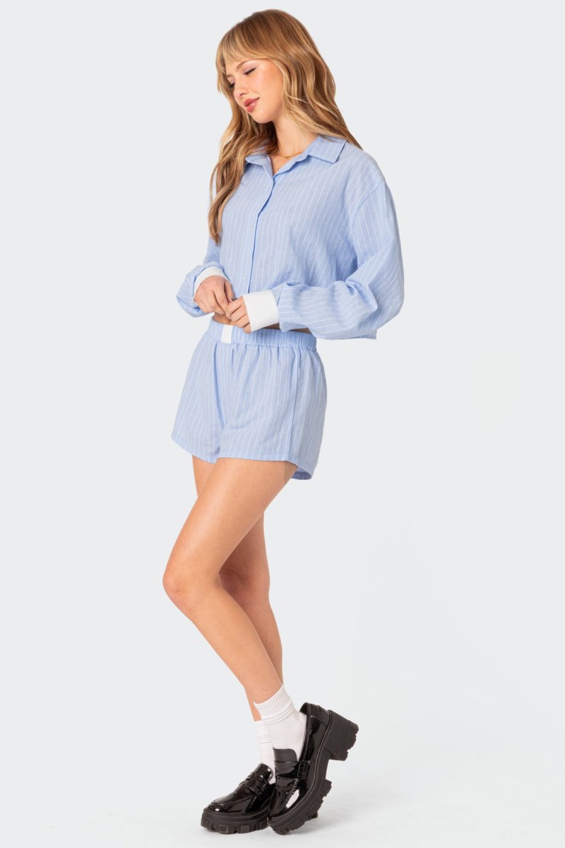 Edikted Lea Cropped Button Up Shirt Crop Tops Light Blue | USA CV572527B3