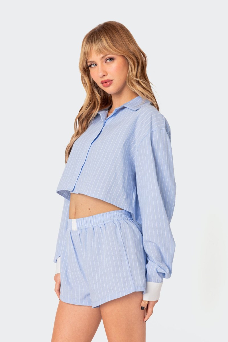 Edikted Lea Cropped Button Up Shirt Crop Tops Light Blue | USA CV572527B3