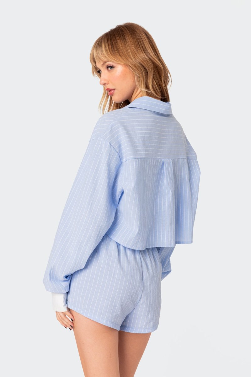Edikted Lea Cropped Button Up Shirt Crop Tops Light Blue | USA CV572527B3