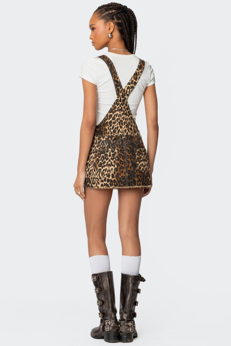 Edikted Leopard Denim Overall Mini Dress Leopard | USA JS114231Q1