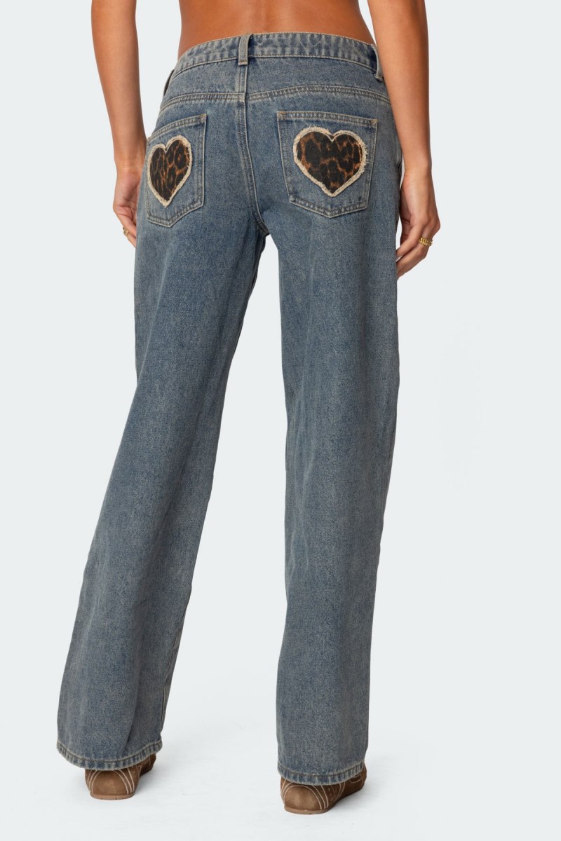 Edikted Leopard Heart Washed Jeans Blue Washed | USA FW523412N3