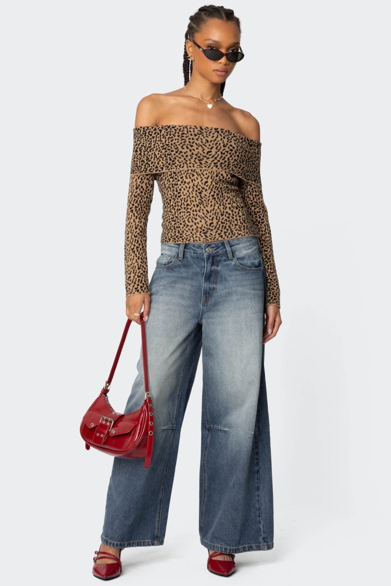 Edikted Leopard Printed Fold Over Knit Long Sleeve Tops Leopard | USA KI388818E9