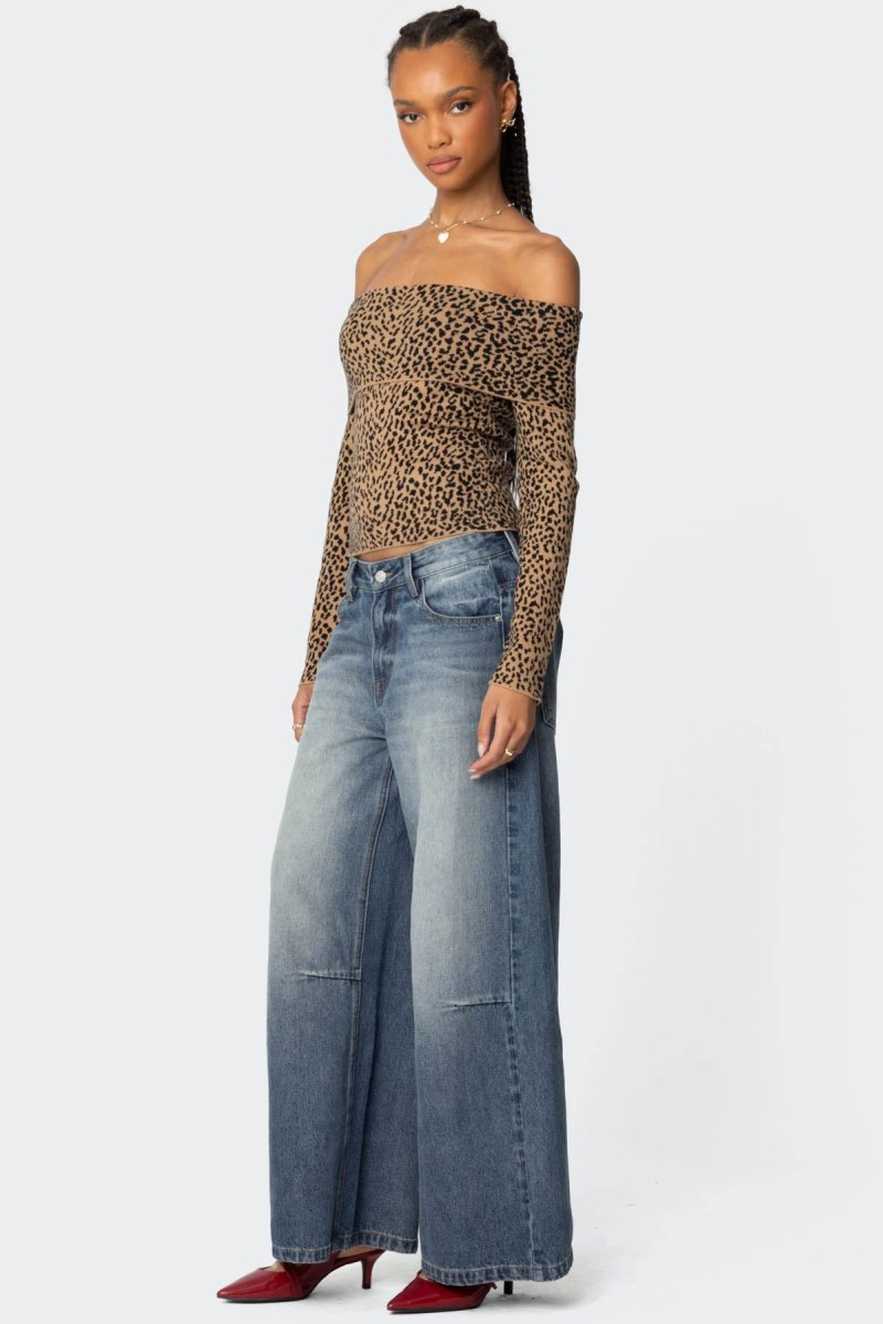 Edikted Leopard Printed Fold Over Knit Long Sleeve Tops Leopard | USA KI388818E9