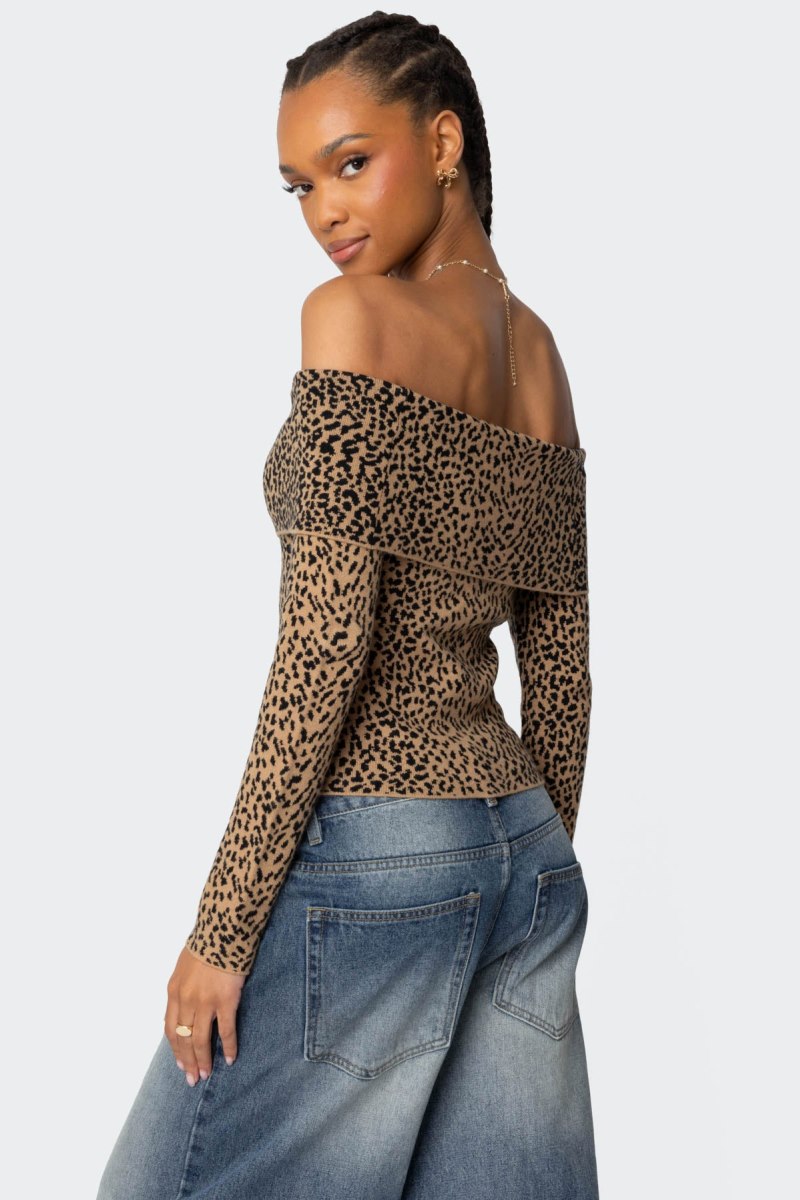 Edikted Leopard Printed Fold Over Knit Long Sleeve Tops Leopard | USA KI388818E9