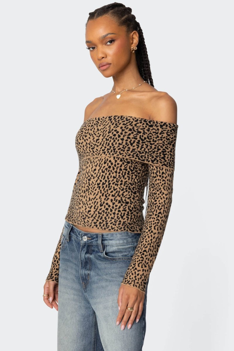 Edikted Leopard Printed Fold Over Knitted Tops Leopard | USA NM837343L5