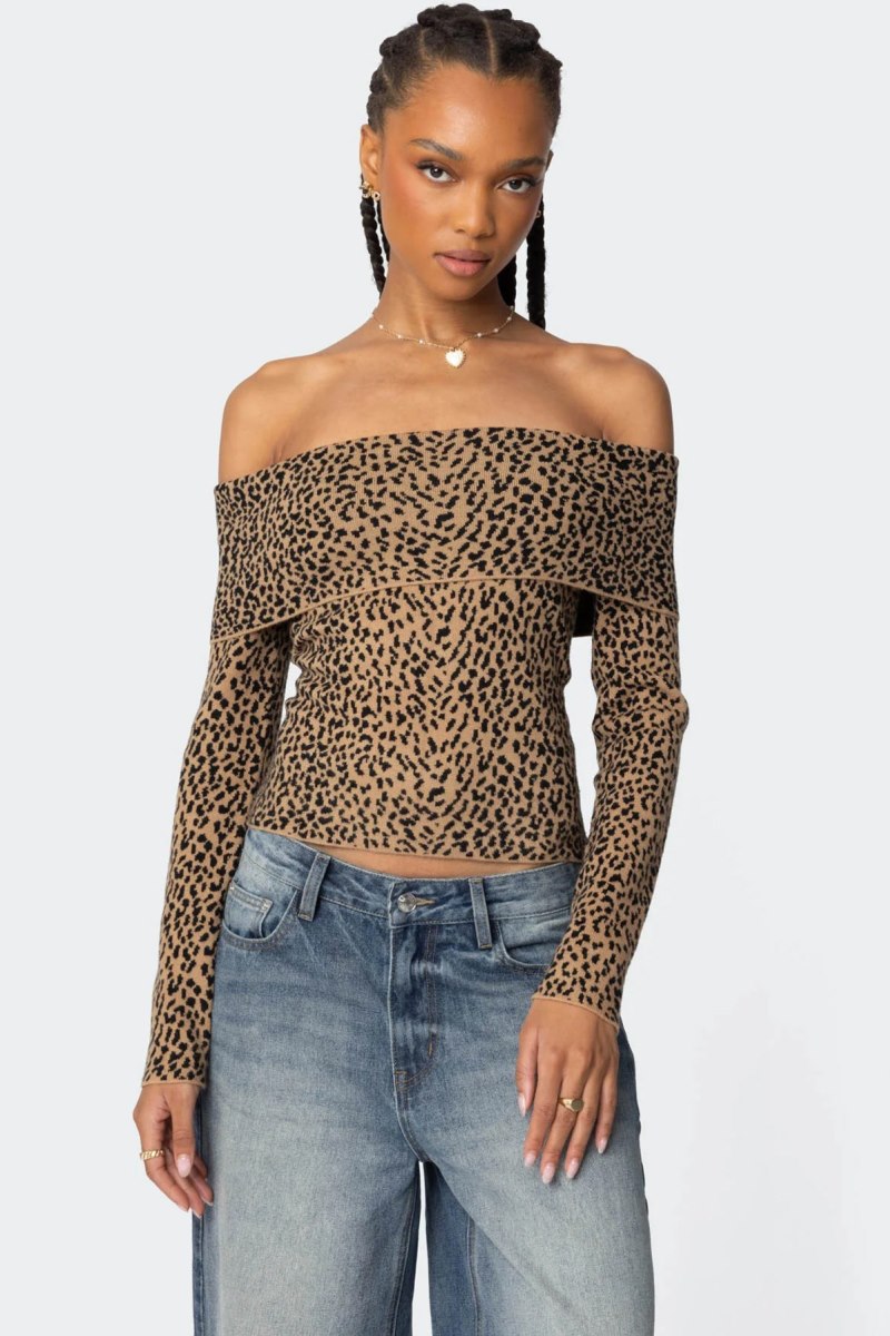 Edikted Leopard Printed Fold Over Knitted Tops Leopard | USA NM837343L5