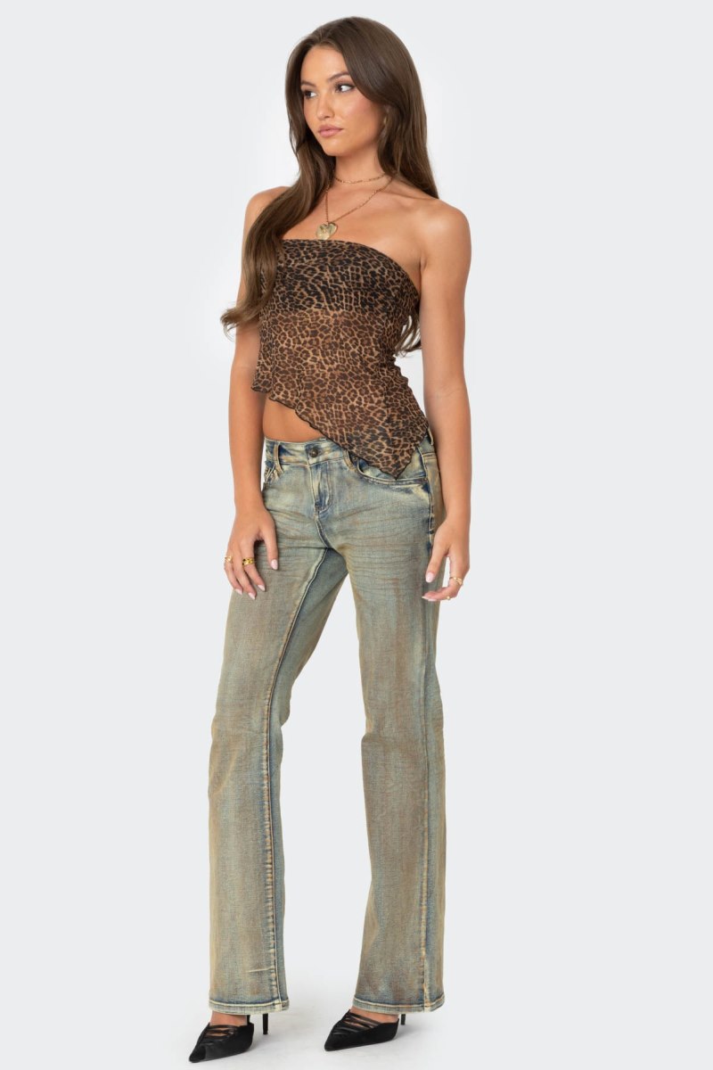 Edikted Leopard Printed Sheer Mesh Tube Strapless Tops Leopard | USA XX340914V0
