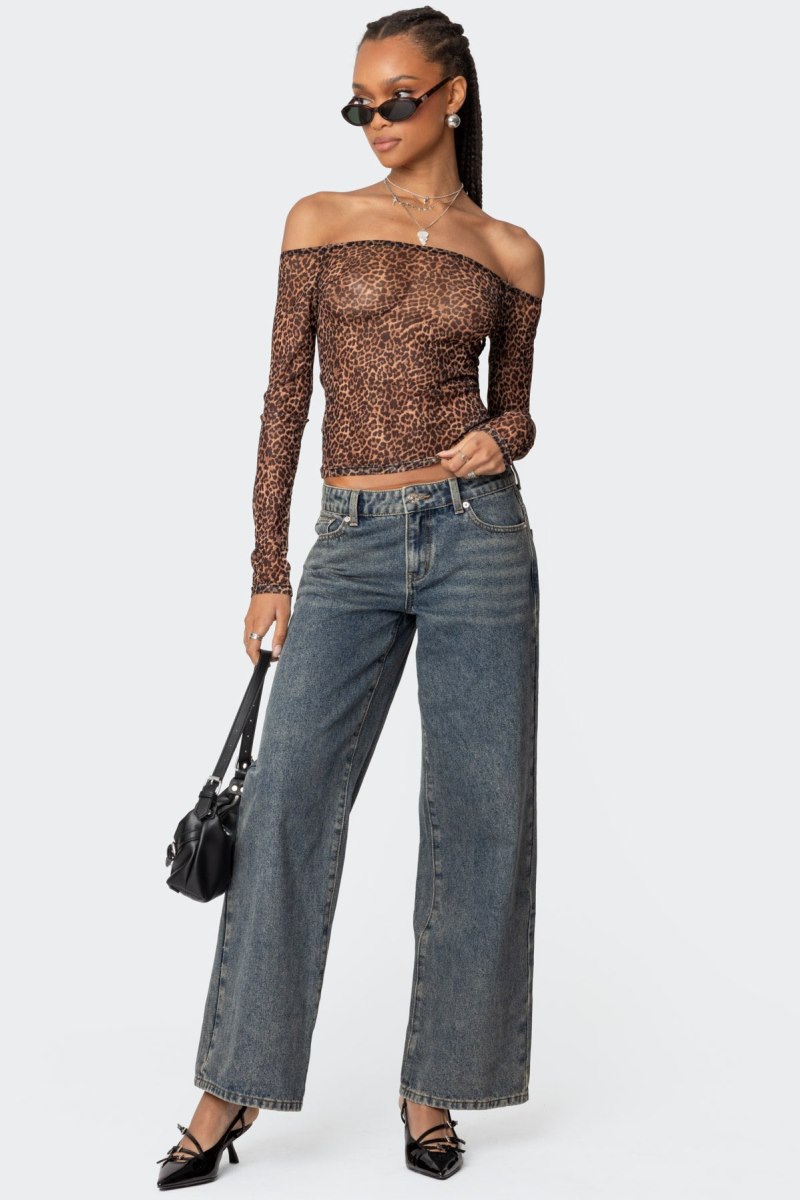 Edikted Leopard Sheer Mesh Off Shoulder Long Sleeve Tops Leopard | USA GP768856N8