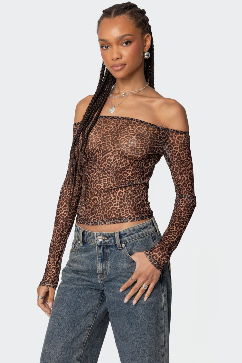 Edikted Leopard Sheer Mesh Off Shoulder Long Sleeve Tops Leopard | USA GP768856N8