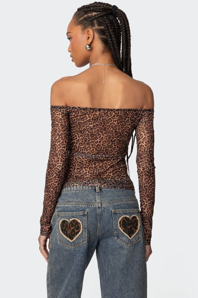 Edikted Leopard Sheer Mesh Off Shoulder Long Sleeve Tops Leopard | USA GP768856N8