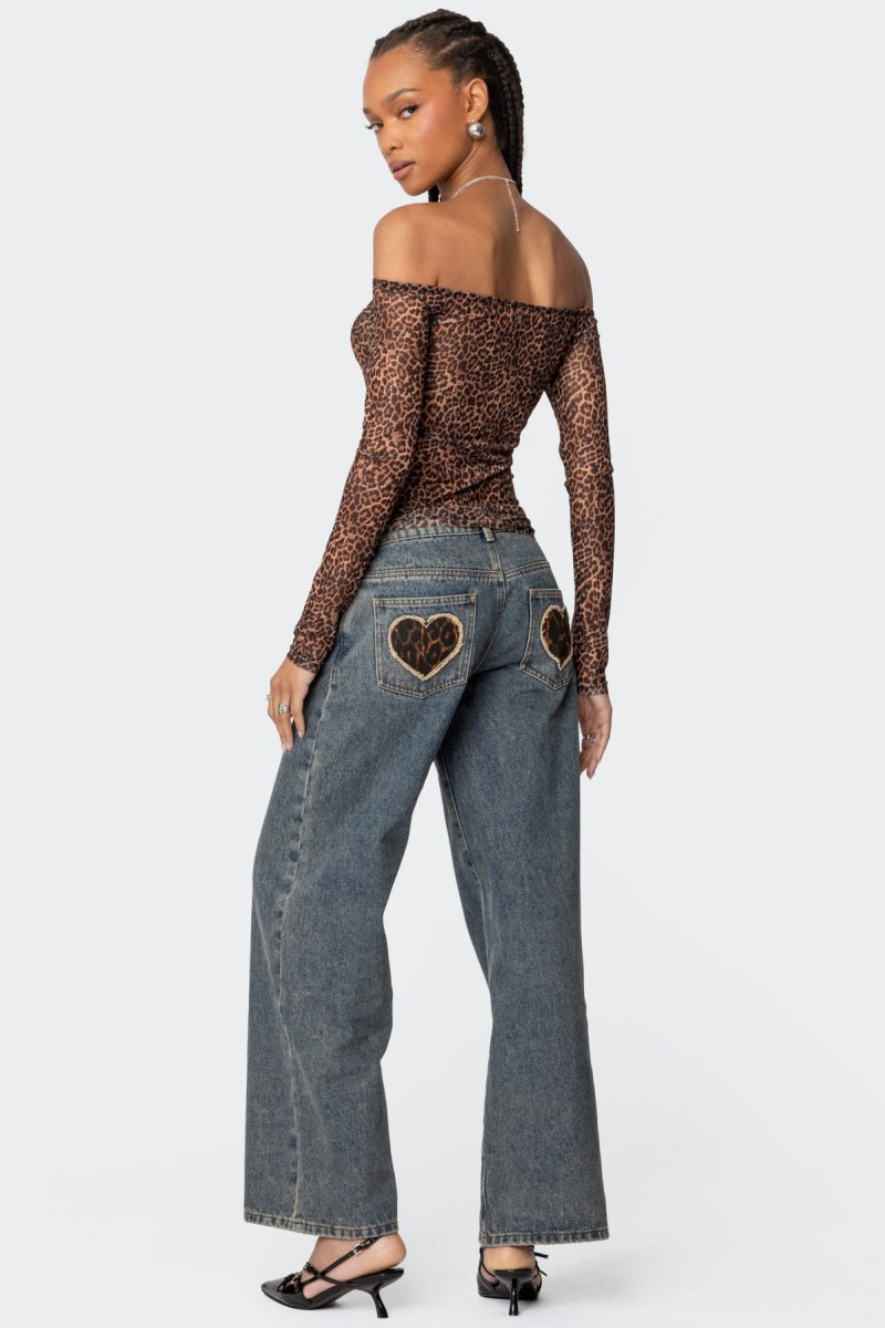 Edikted Leopard Sheer Mesh Off Shoulder Long Sleeve Tops Leopard | USA GP768856N8