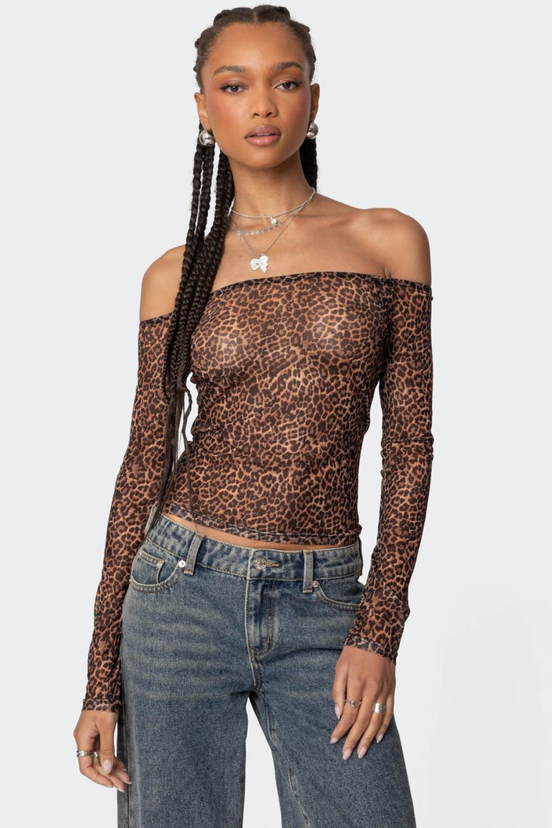 Edikted Leopard Sheer Mesh Off Shoulder Long Sleeve Tops Leopard | USA GP768856N8