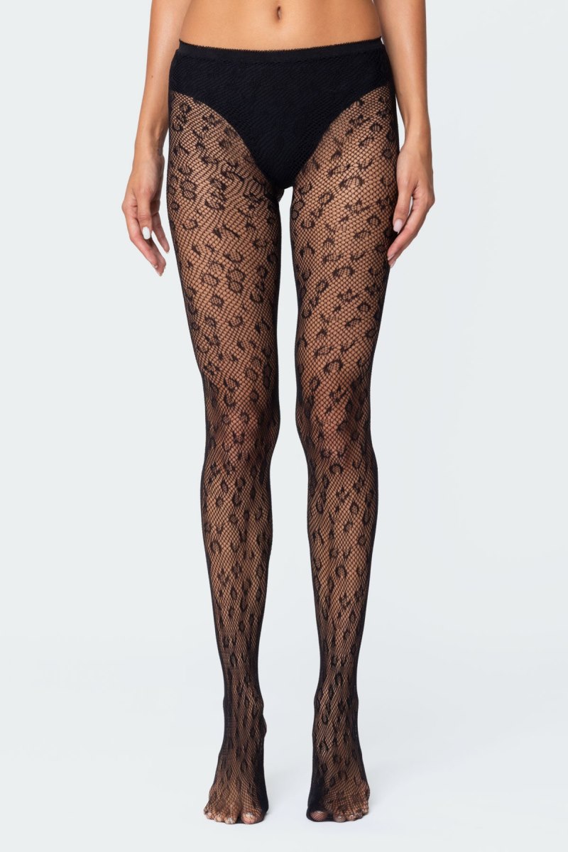 Edikted Leopard Tights Socks Black | USA WU943774X1