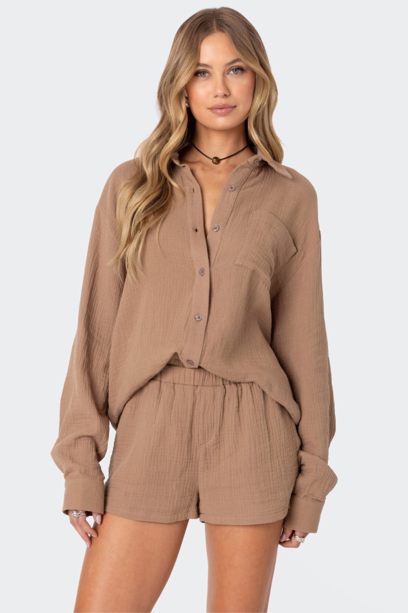 Edikted Levy Oversized Gauze Button Up Shirt Long Sleeve Tops Brown | USA CG512221Y1