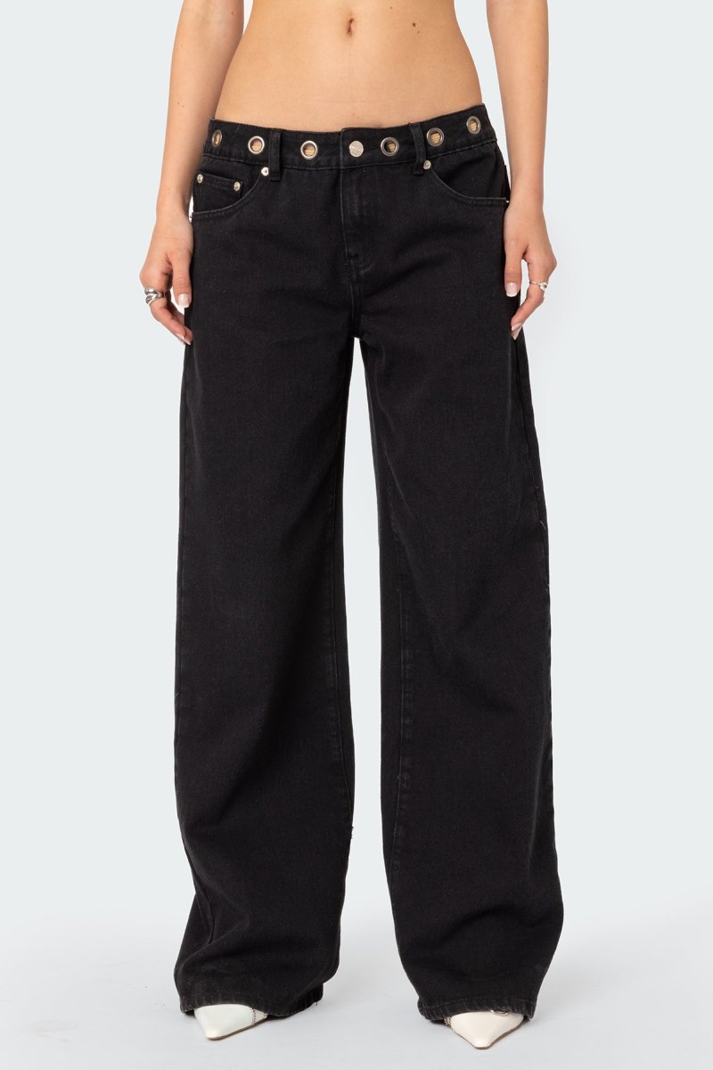 Edikted Libby Grommet Waist Jeans Black | USA BG601160X5