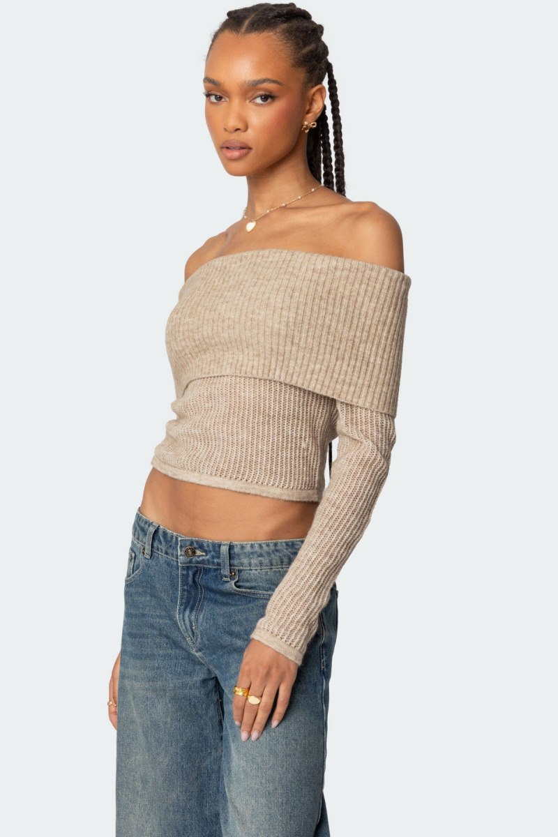 Edikted Lili Fold Over Knitted Tops Beige | USA VH505280P2