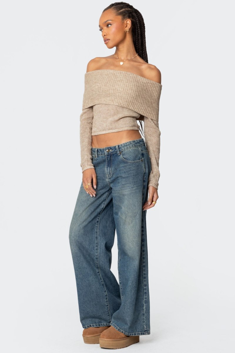 Edikted Lili Fold Over Knitted Tops Beige | USA VH505280P2