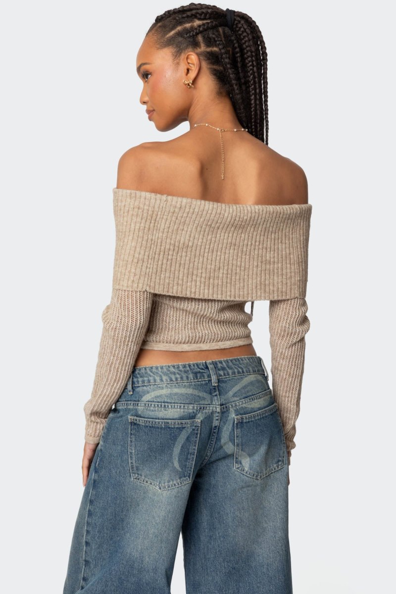 Edikted Lili Fold Over Knitted Tops Beige | USA VH505280P2