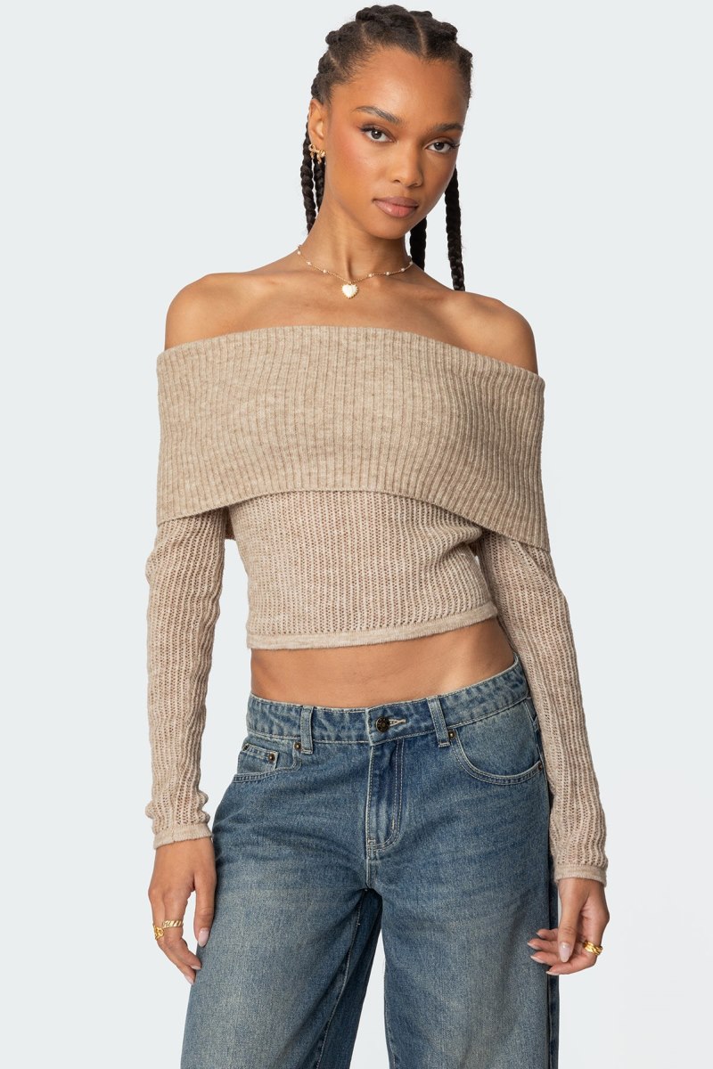 Edikted Lili Fold Over Knitted Tops Beige | USA VH505280P2
