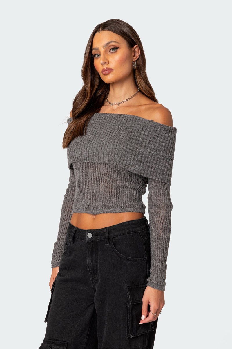 Edikted Lili fold over knit Long Sleeve Tops Beige | USA RU192329G2