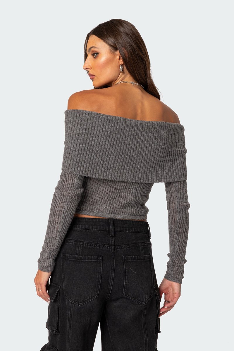 Edikted Lili fold over knit Long Sleeve Tops Beige | USA RU192329G2