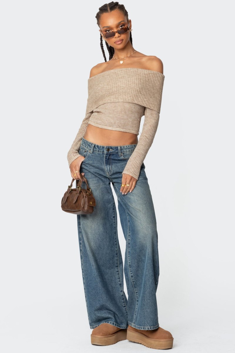 Edikted Lili fold over knit Long Sleeve Tops Beige | USA LJ506060M9