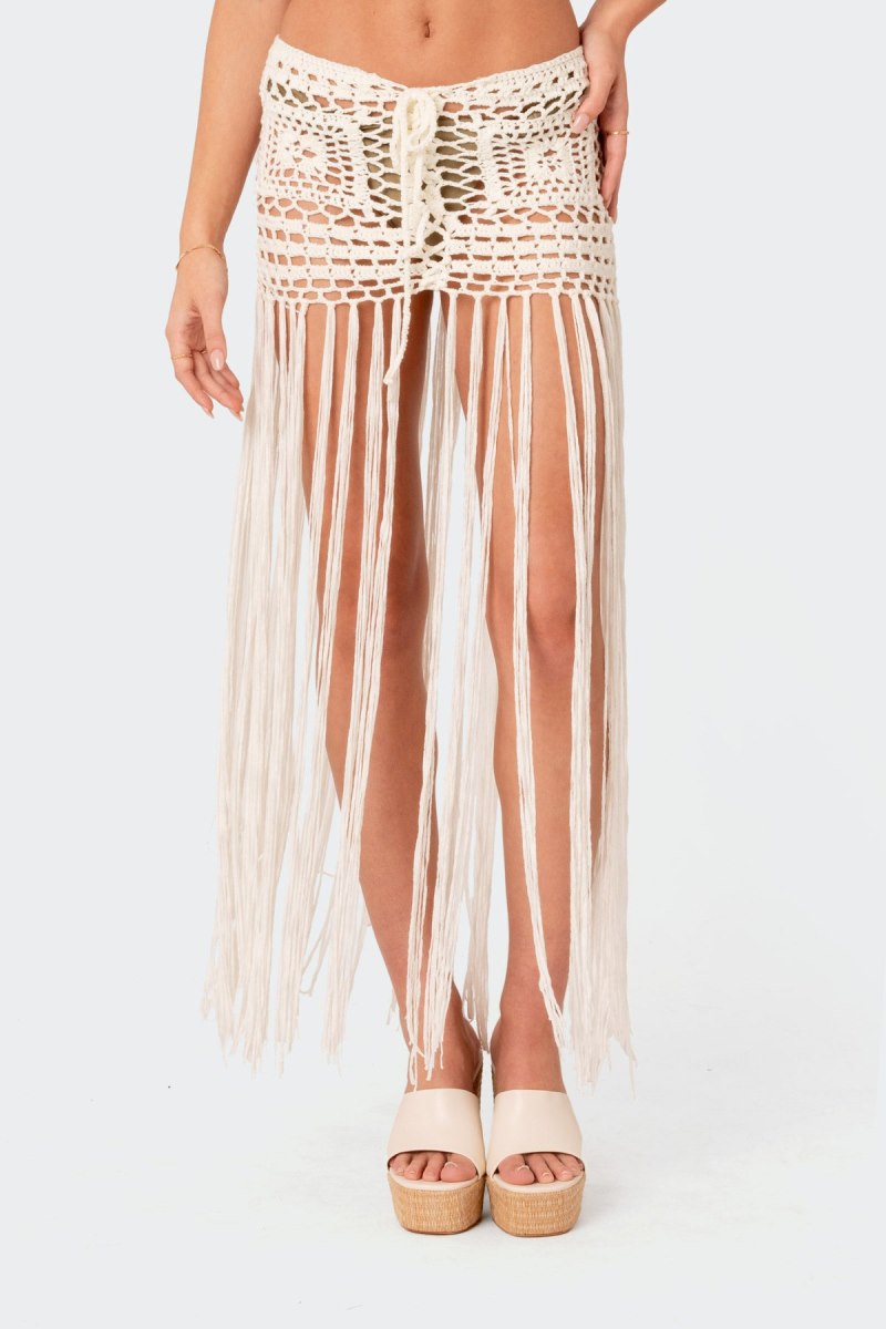 Edikted Lillee Crochet Fringe Maxi Skirts Cream | USA IW398169W4