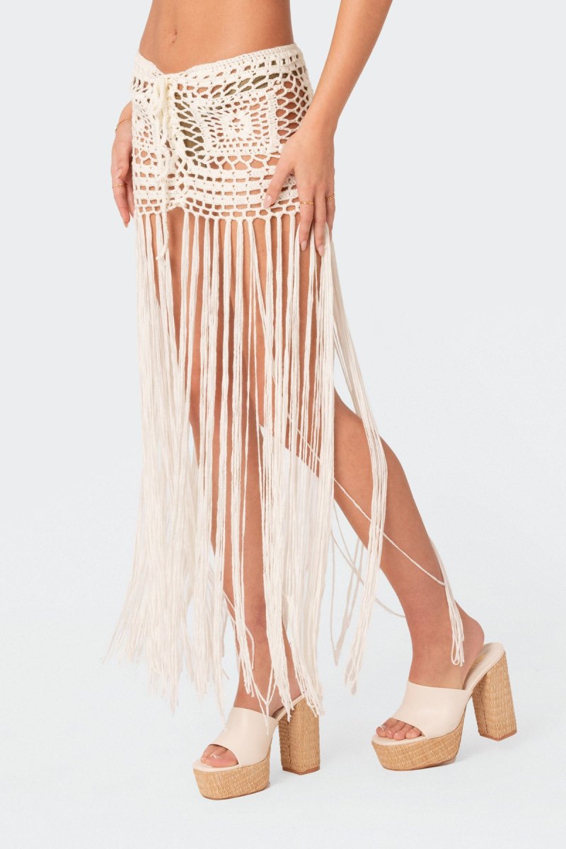 Edikted Lillee Crochet Fringe Maxi Skirts Cream | USA IW398169W4