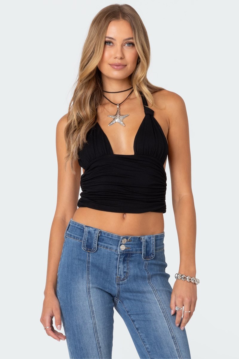 Edikted Lillie Knotted Halter Crop Tops Black | USA HM246834A2