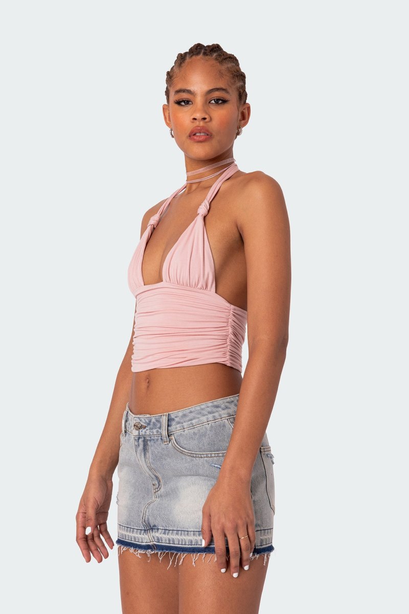 Edikted Lillie Knotted Halter Crop Tops Black | USA TC164956K1