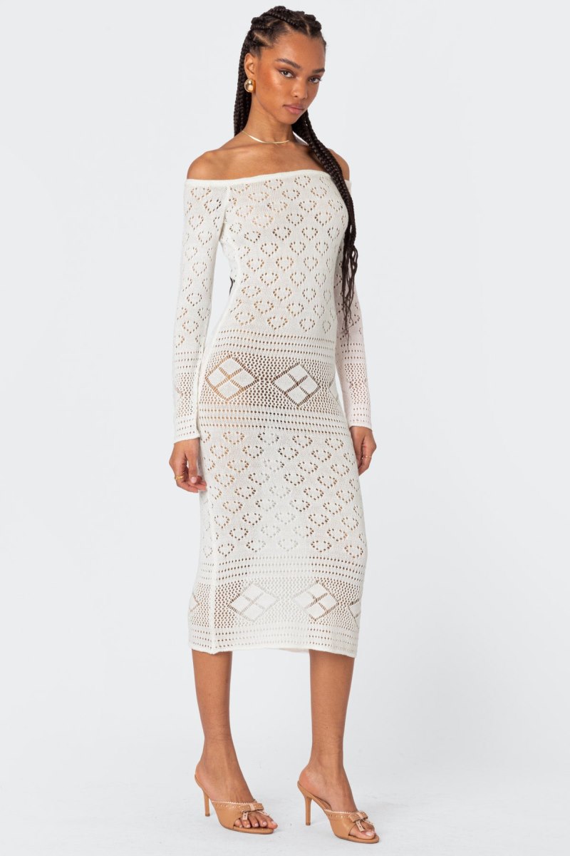 Edikted Lily Crochet Off Shoulder Midi Long Sleeve Dress Cream | USA LD861666C6