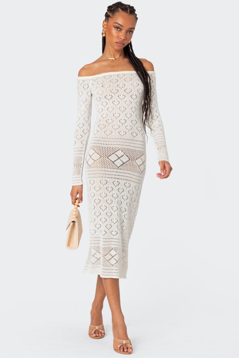 Edikted Lily Crochet Off Shoulder Midi Long Sleeve Dress Cream | USA LD861666C6