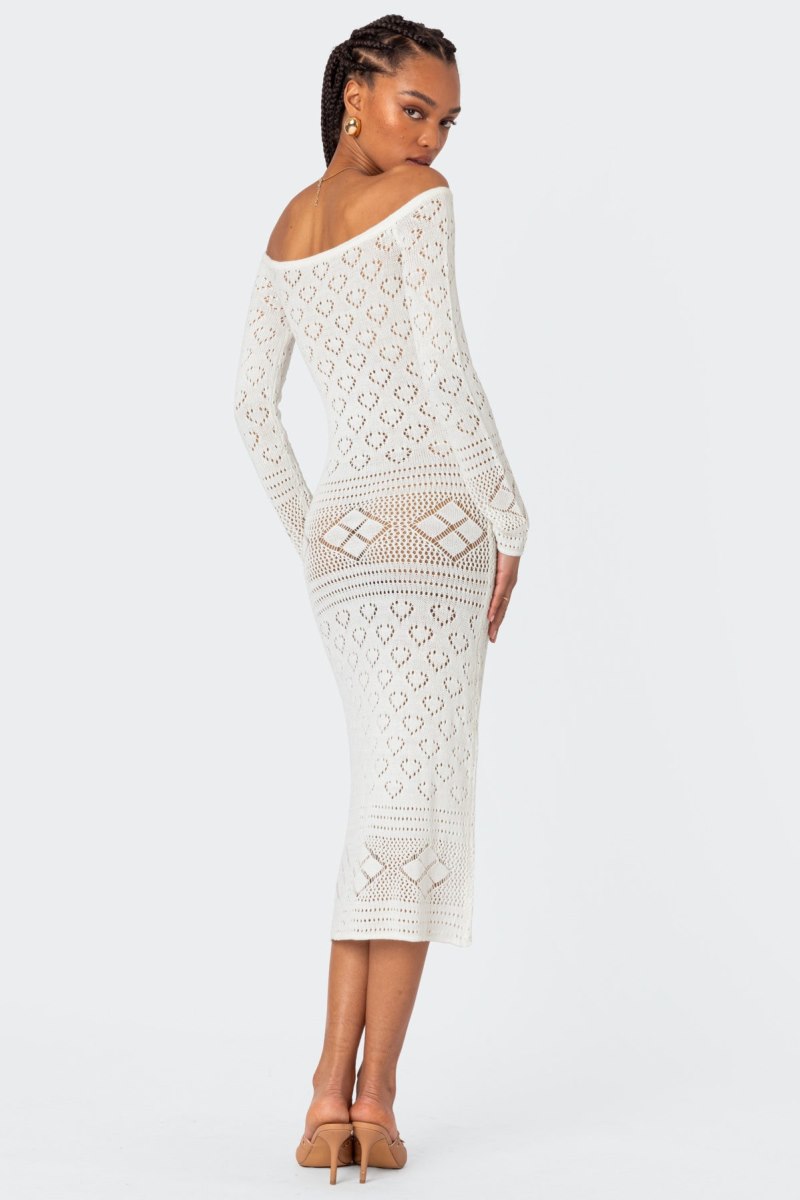 Edikted Lily Crochet Off Shoulder Midi Long Sleeve Dress Cream | USA LD861666C6