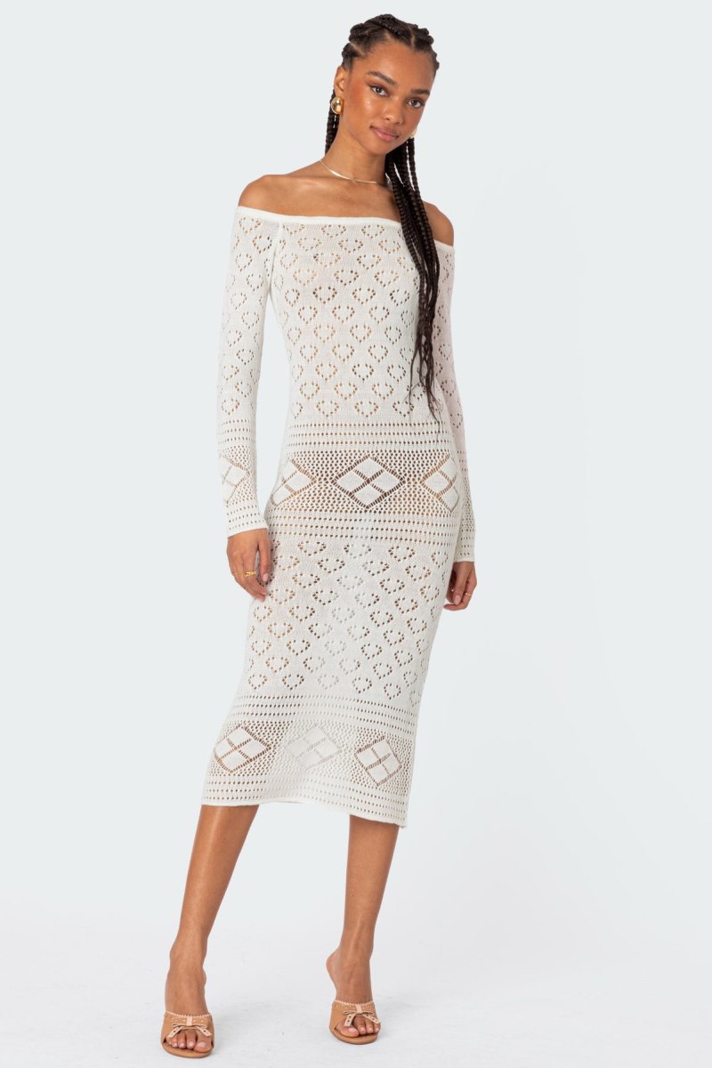 Edikted Lily Crochet Off Shoulder Midi Long Sleeve Dress Cream | USA LD861666C6