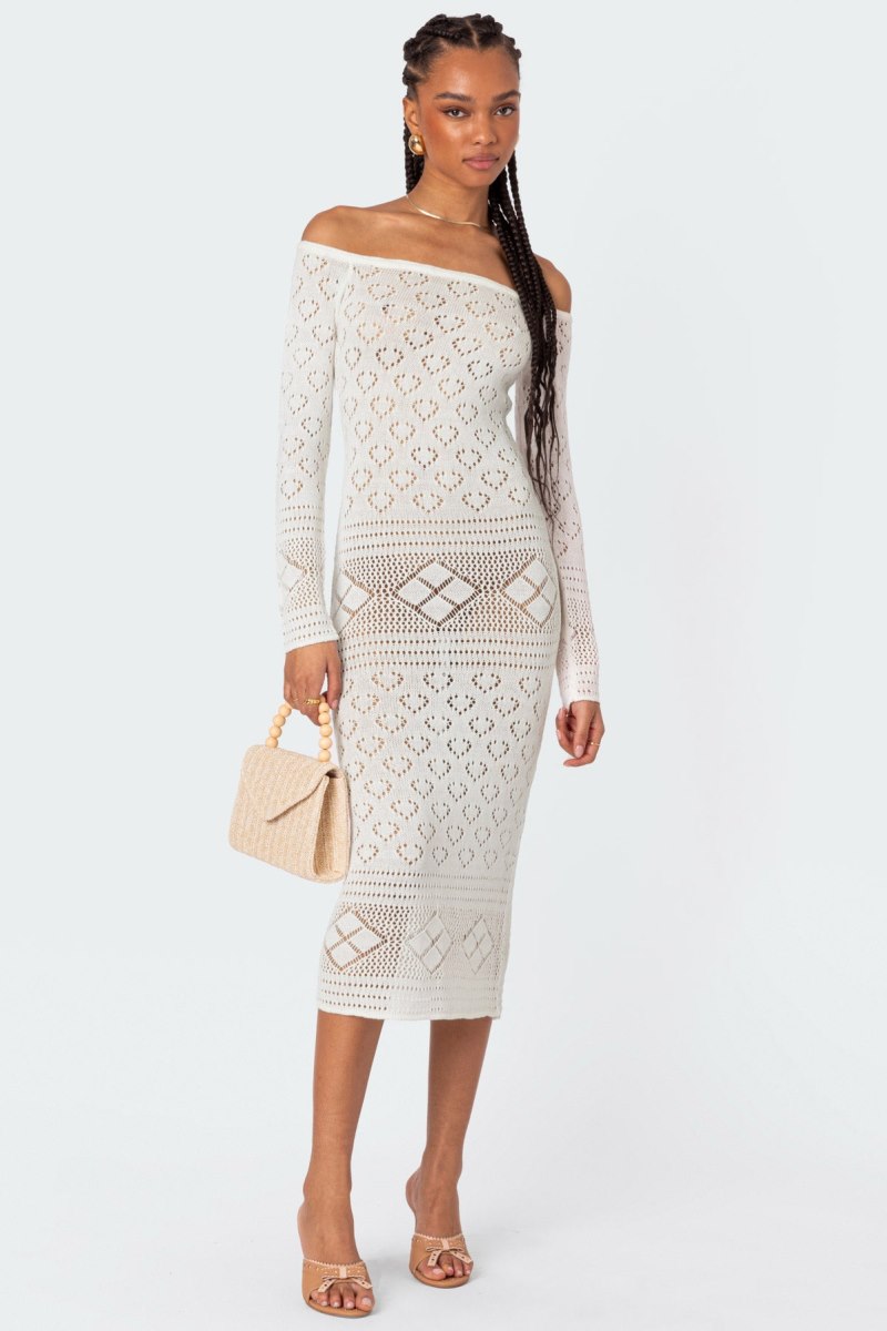 Edikted Lily Crochet Off Shoulder Midi Long Sleeve Dress Cream | USA LD861666C6