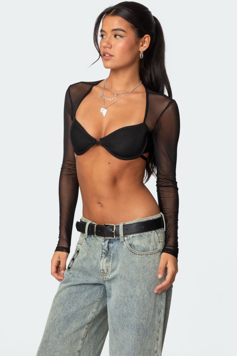 Edikted Lin Mesh Bra Crop Tops Black | USA ZC050265G7